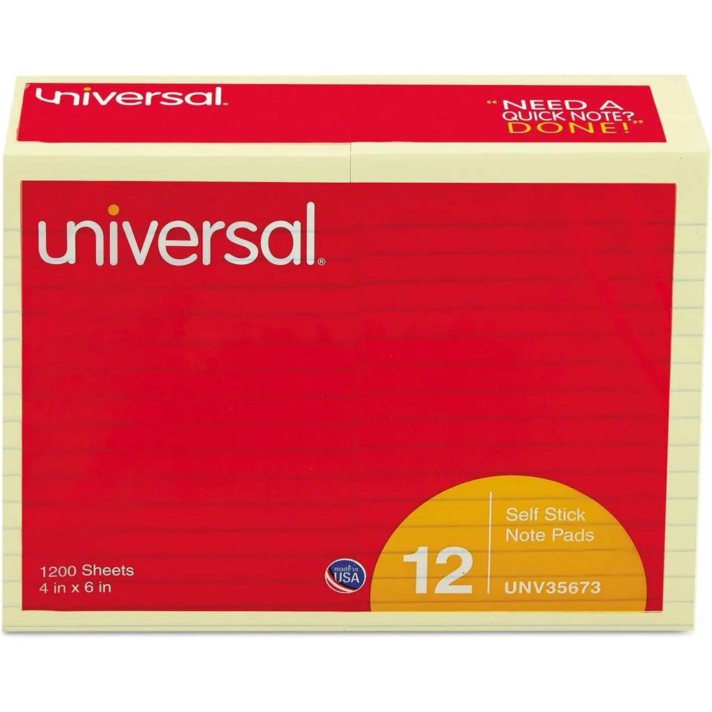 Universal UNVN35673 Self-Stick Note Pads Lined 4 X 6 Yellow 100-Sheet (Pack 12) Magnetic Cute PET Memo Pad Office Stationery