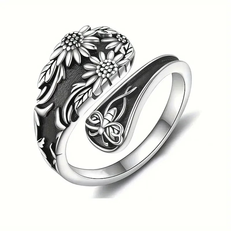 H450 Flower Cocktail Ring Antique Silver Plated Stainless Steel Unisex Gift Fashion Rings