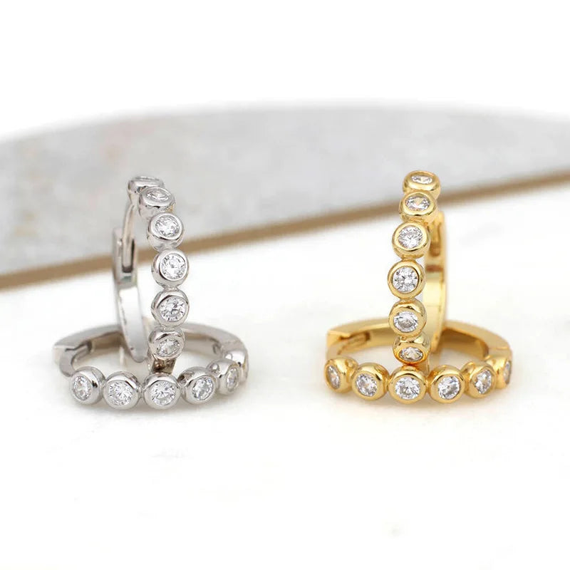 Gold Plated Huggie Earrings With Crystal Rhinestones Bezel Set Round Brilliant Cut For Women Party Trendy Fashion Jewelry