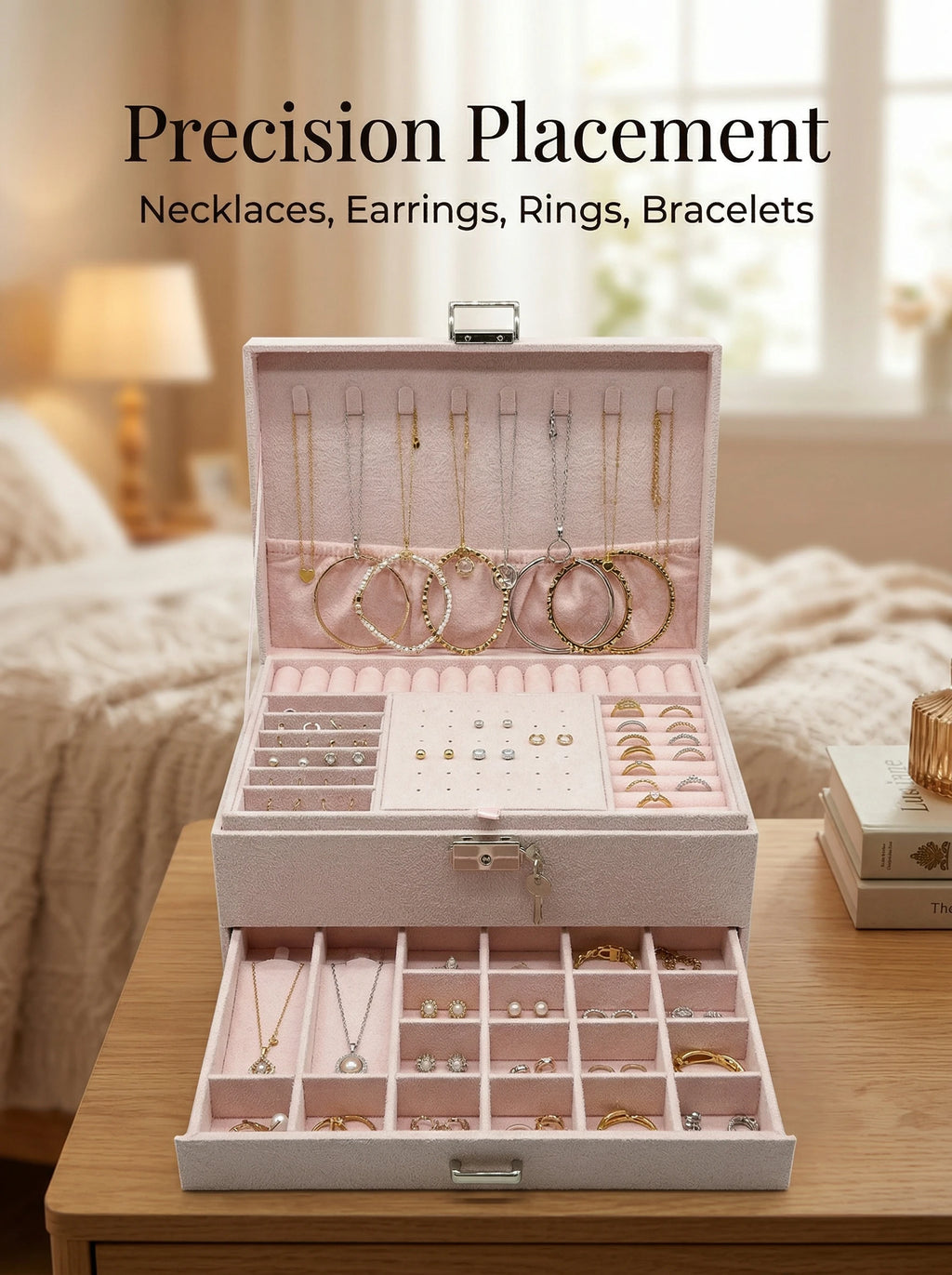 A Luxurious Dark Green Jewelry Storage Box, Designed Specifically Exquisite Three-tiered Drawer-style Jewelry Box