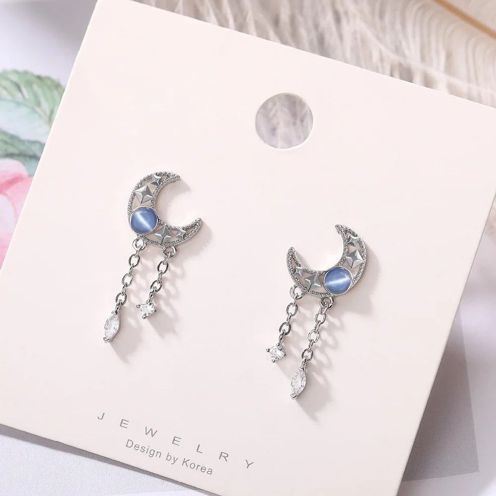 Moon Shape Drop Earrings 925 Silver White Gold Crystal Rhinestone Pear Cut Bezel Setting Romantic Women Everyday Wear