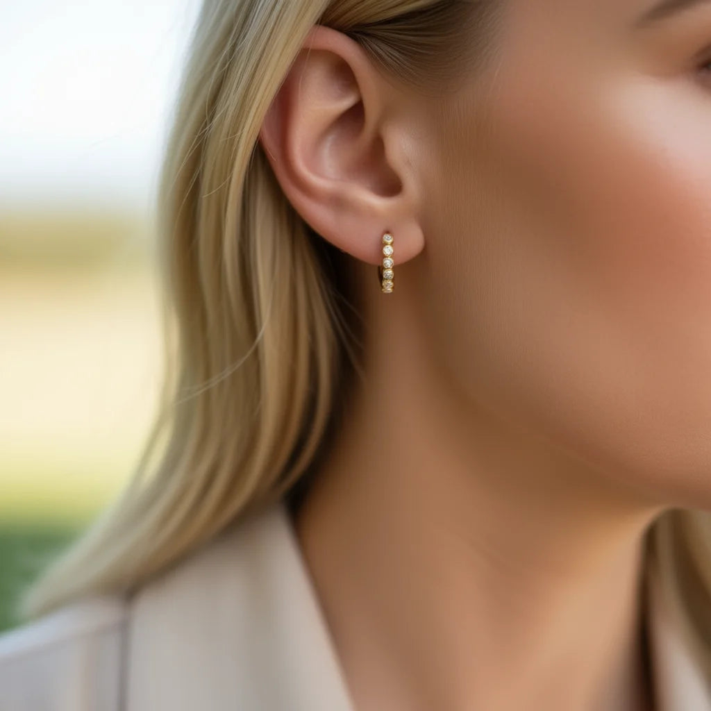 Gold Plated Huggie Earrings With Crystal Rhinestones Bezel Set Round Brilliant Cut For Women Party Trendy Fashion Jewelry