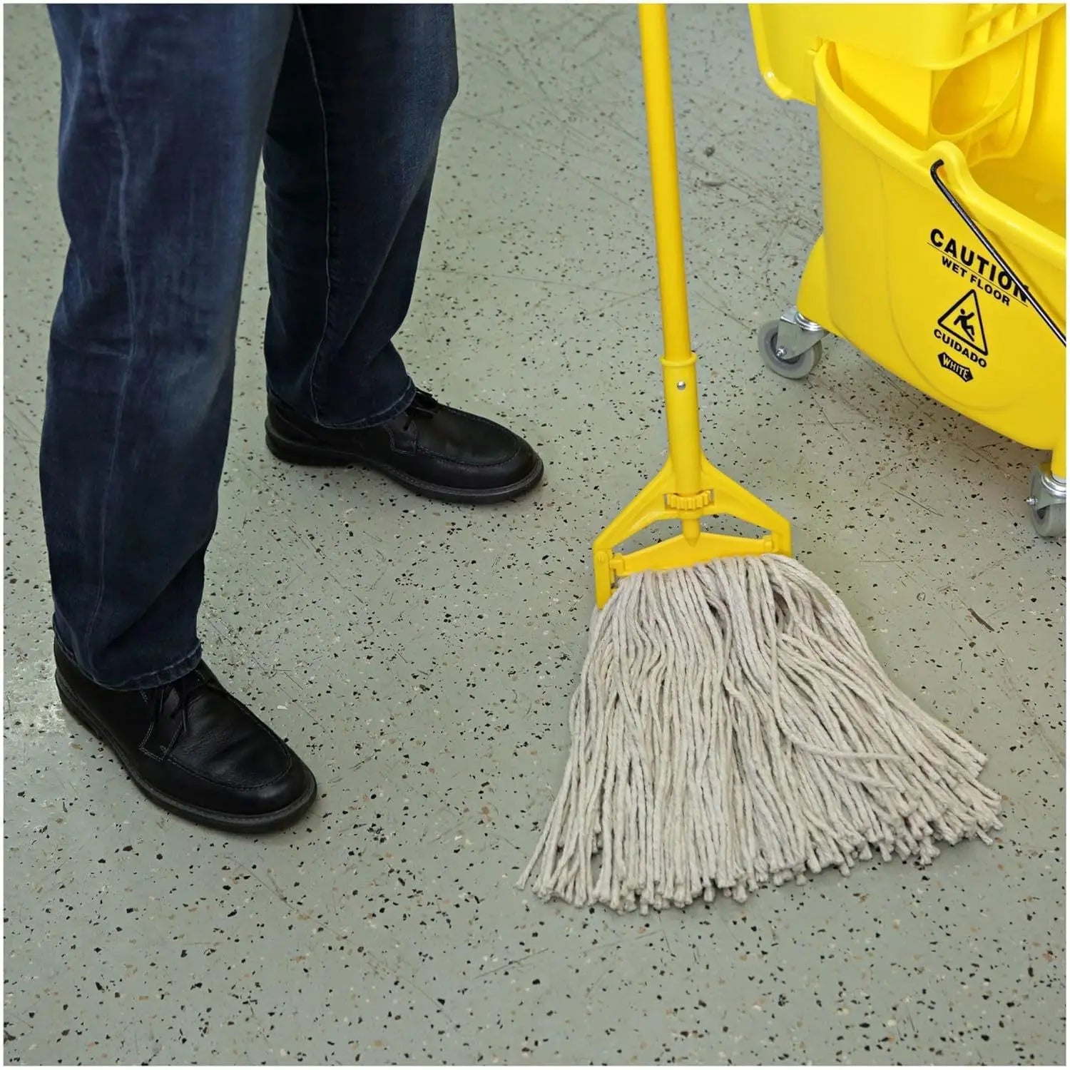 Boardwalk 5324C Cut-End Mop Kits #24 Natural 60-Inch Yellow Handle Rectangle Plastic Basket Sponge Dishwasher Safe House