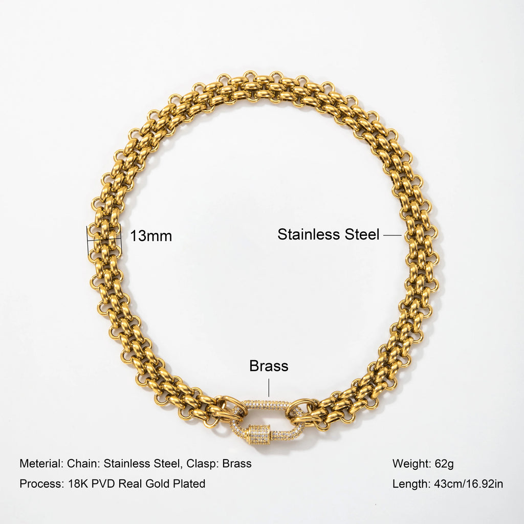 YF3811 Waterproof 18k Gold Plated Stainless Steel Hypoallergenicity Three Layer Weaving Chunky Chain Zircon Clasp Necklace