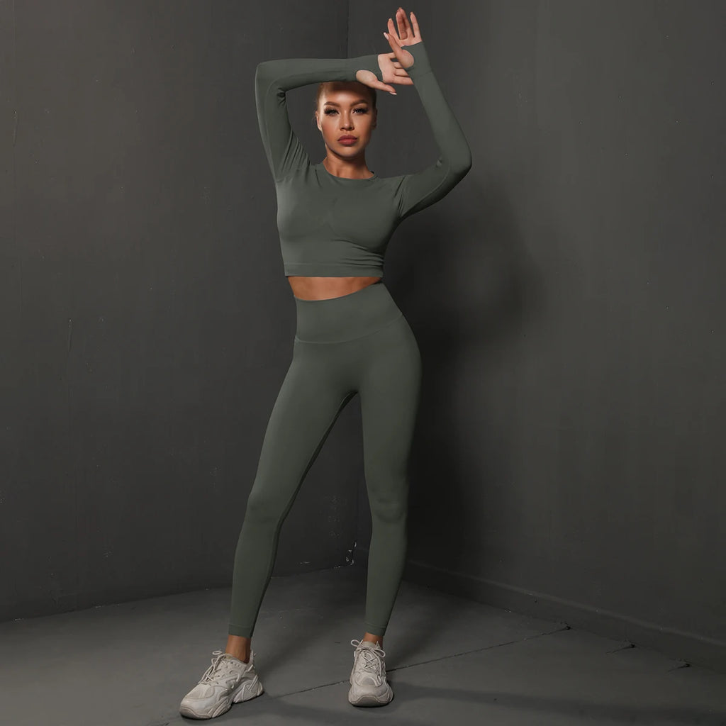 2Pcs Women Sets Energy Seamless Gym Suits Bubble Butt Sports Pants+Long Sleeve Shirts Push Up Running Sets Tracksuits Tights Set