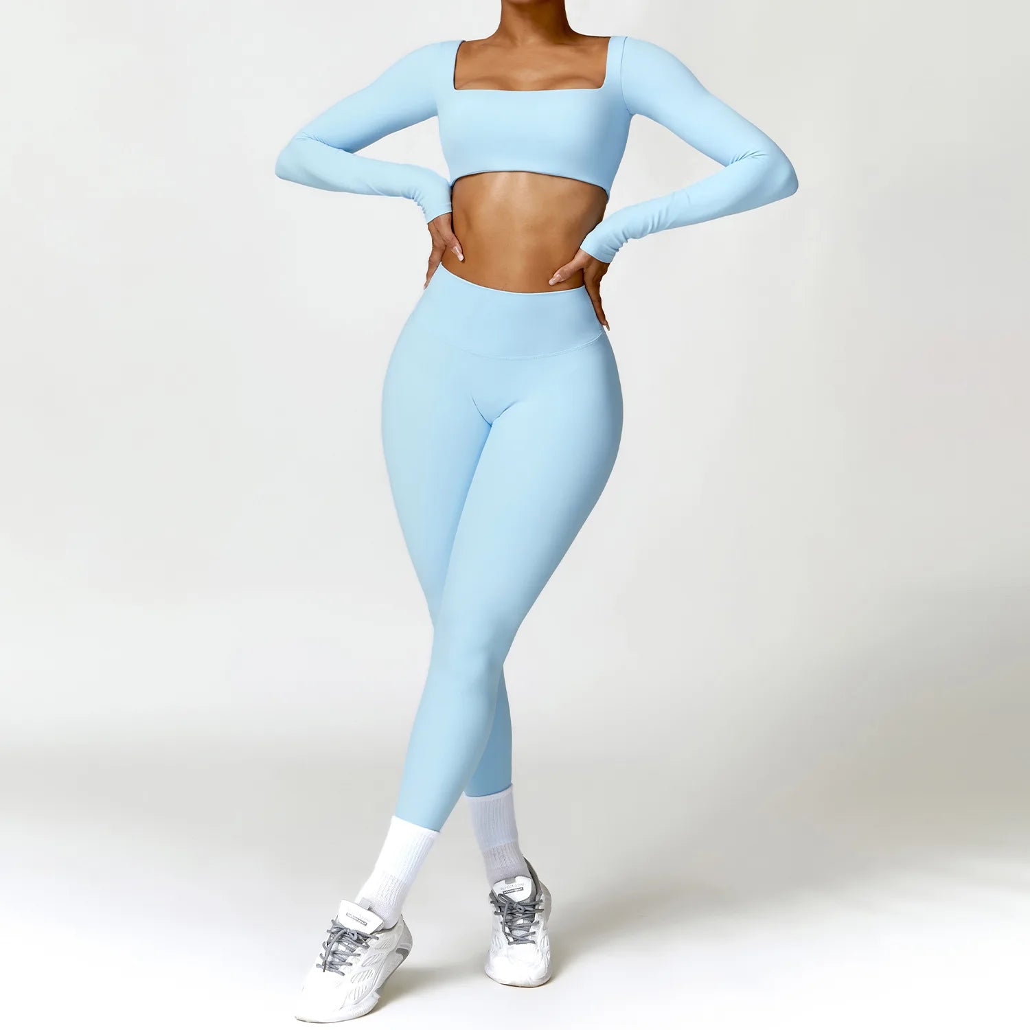 Hearuisavy Summer 2PCS Long Sleeve Gym Set Women Yoga Clothes Quick-Drying Sportswear Running Leggings Workout Sports Crop Top