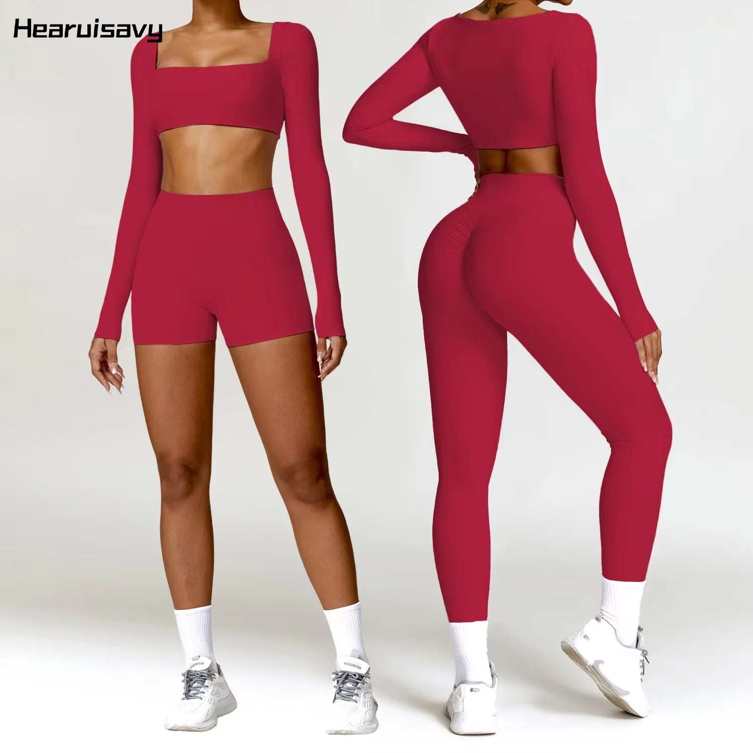 Hearuisavy Summer 2PCS Long Sleeve Gym Set Women Yoga Clothes Quick-Drying Sportswear Running Leggings Workout Sports Crop Top