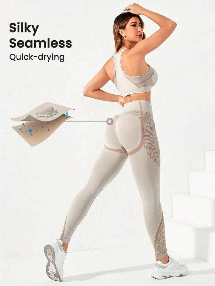 2-piece suit, women's yoga suit, beautiful back high waist trousers combination, seamless super elastic ideal gym clothing