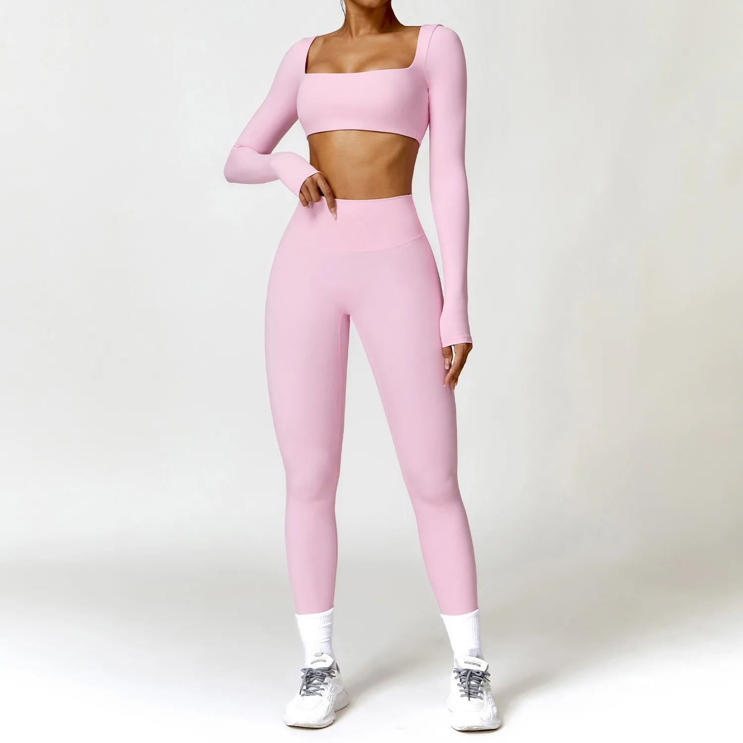 Hearuisavy Summer 2PCS Long Sleeve Gym Set Women Yoga Clothes Quick-Drying Sportswear Running Leggings Workout Sports Crop Top