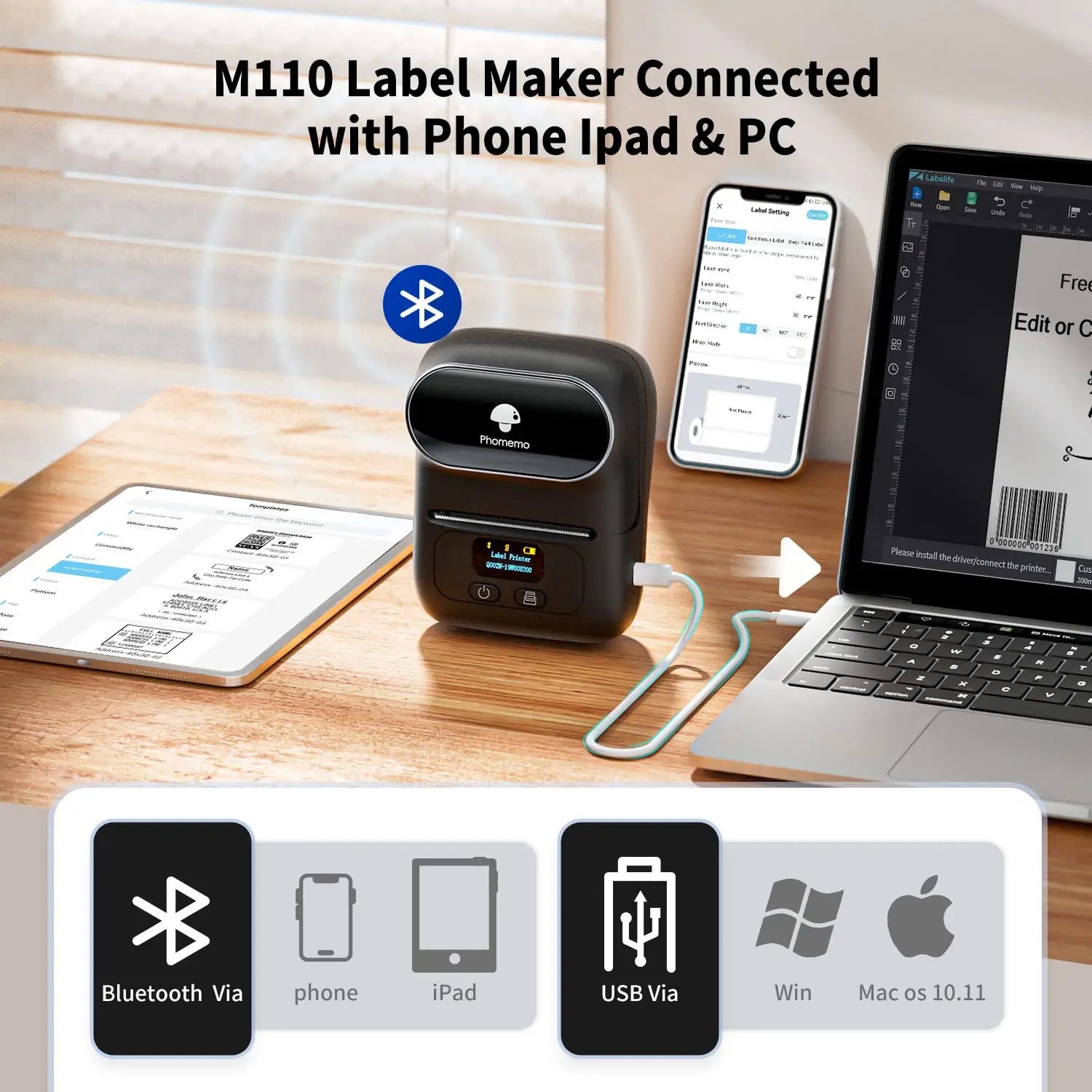 Phomemo M110 M221 M220 M120 Label Maker Multifuntional Mini Label Printer Bluetooth Thermal Printer Inkless for Small Business