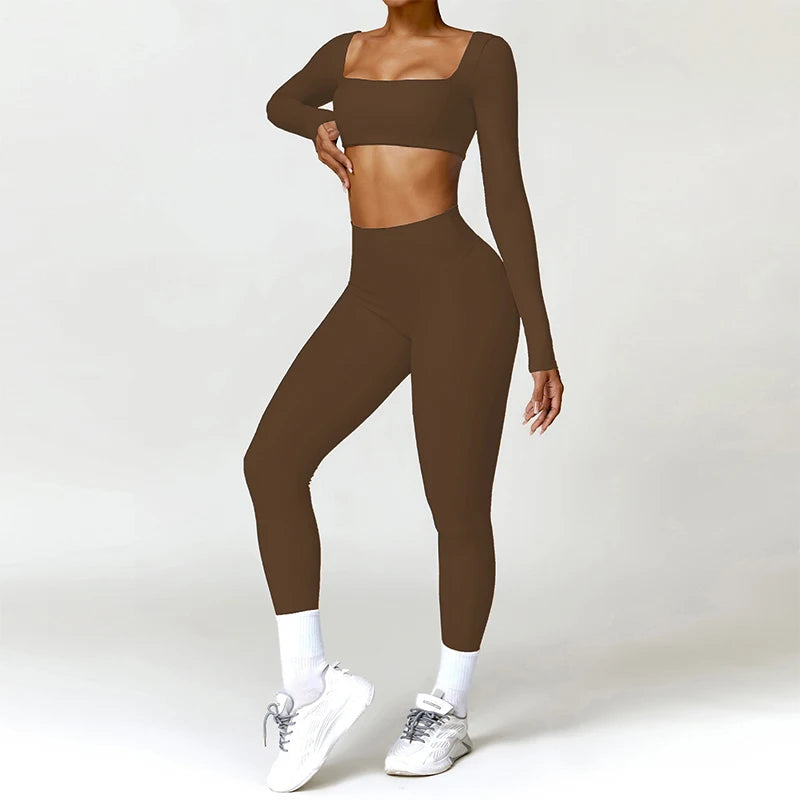 Hearuisavy Summer 2PCS Long Sleeve Gym Set Women Yoga Clothes Quick-Drying Sportswear Running Leggings Workout Sports Crop Top