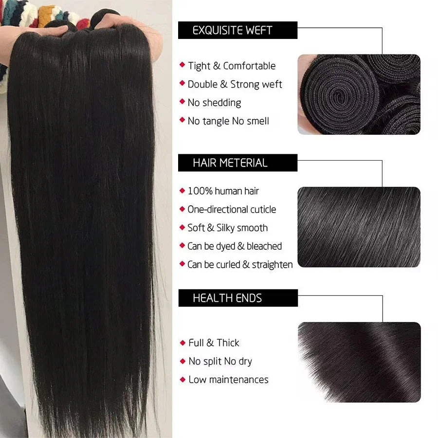 Straight Human Hair Bundles 10A Raw Hair Bundles 100% Human Hair Extensions Natural Black Brazilian Hair Weave Bundles for Women 20 22 24 Inch Bundle Deals Fast Shipping 1/3/4 Pcs Bundles 40 Inch Natural Black No Shedding