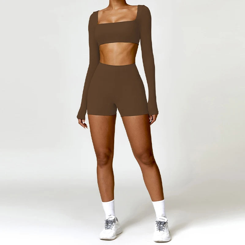 Hearuisavy Summer 2PCS Long Sleeve Gym Set Women Yoga Clothes Quick-Drying Sportswear Running Leggings Workout Sports Crop Top