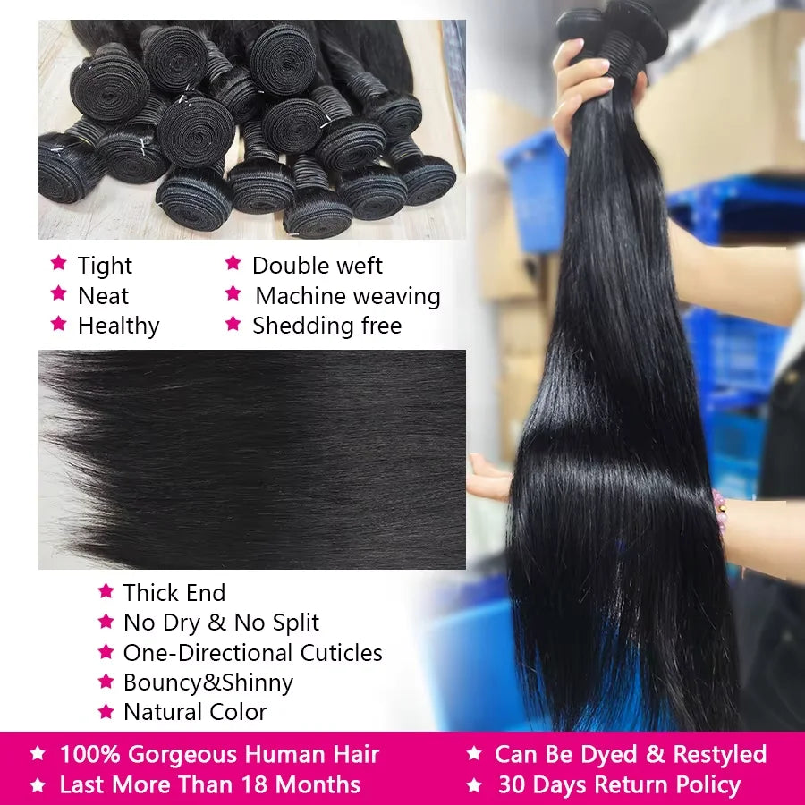 Straight Human Hair Bundles 10A Raw Hair Bundles 100% Human Hair Extensions Natural Black Brazilian Hair Weave Bundles for Women 20 22 24 Inch Bundle Deals Fast Shipping 1/3/4 Pcs Bundles 40 Inch Natural Black No Shedding