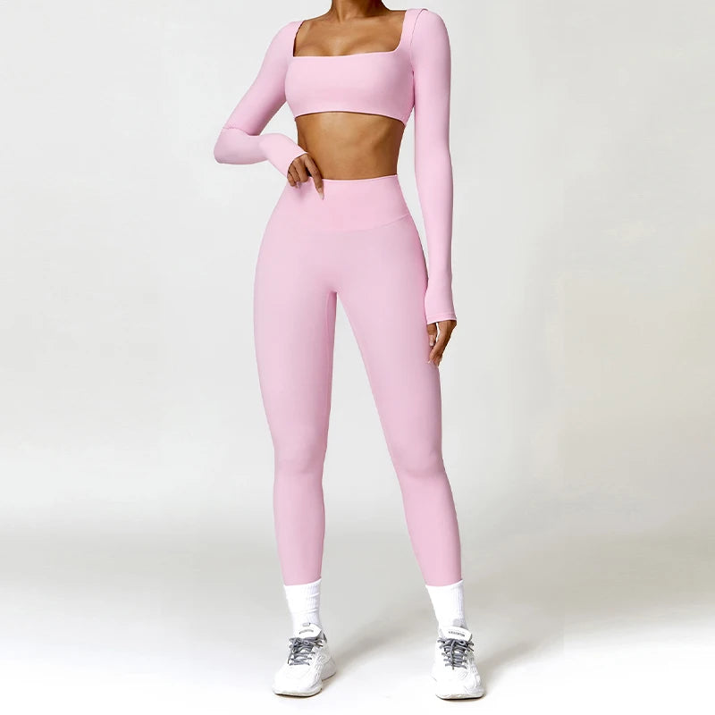 Hearuisavy Summer 2PCS Long Sleeve Gym Set Women Yoga Clothes Quick-Drying Sportswear Running Leggings Workout Sports Crop Top